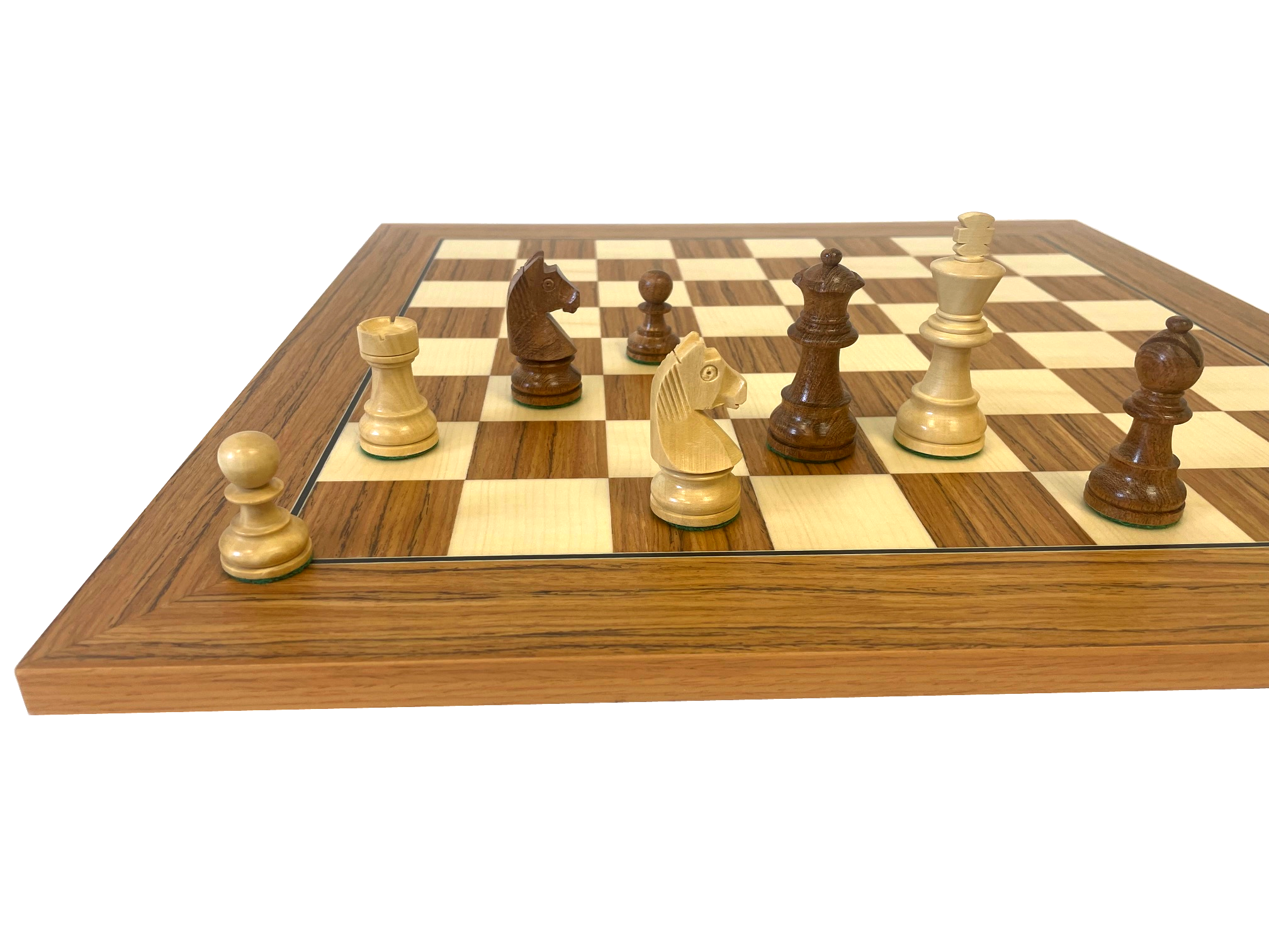 Schachset Akazie/Buchsbaum KH 78 mm beschwert, mit Schachbrett Teak und Ahorn Intarsie