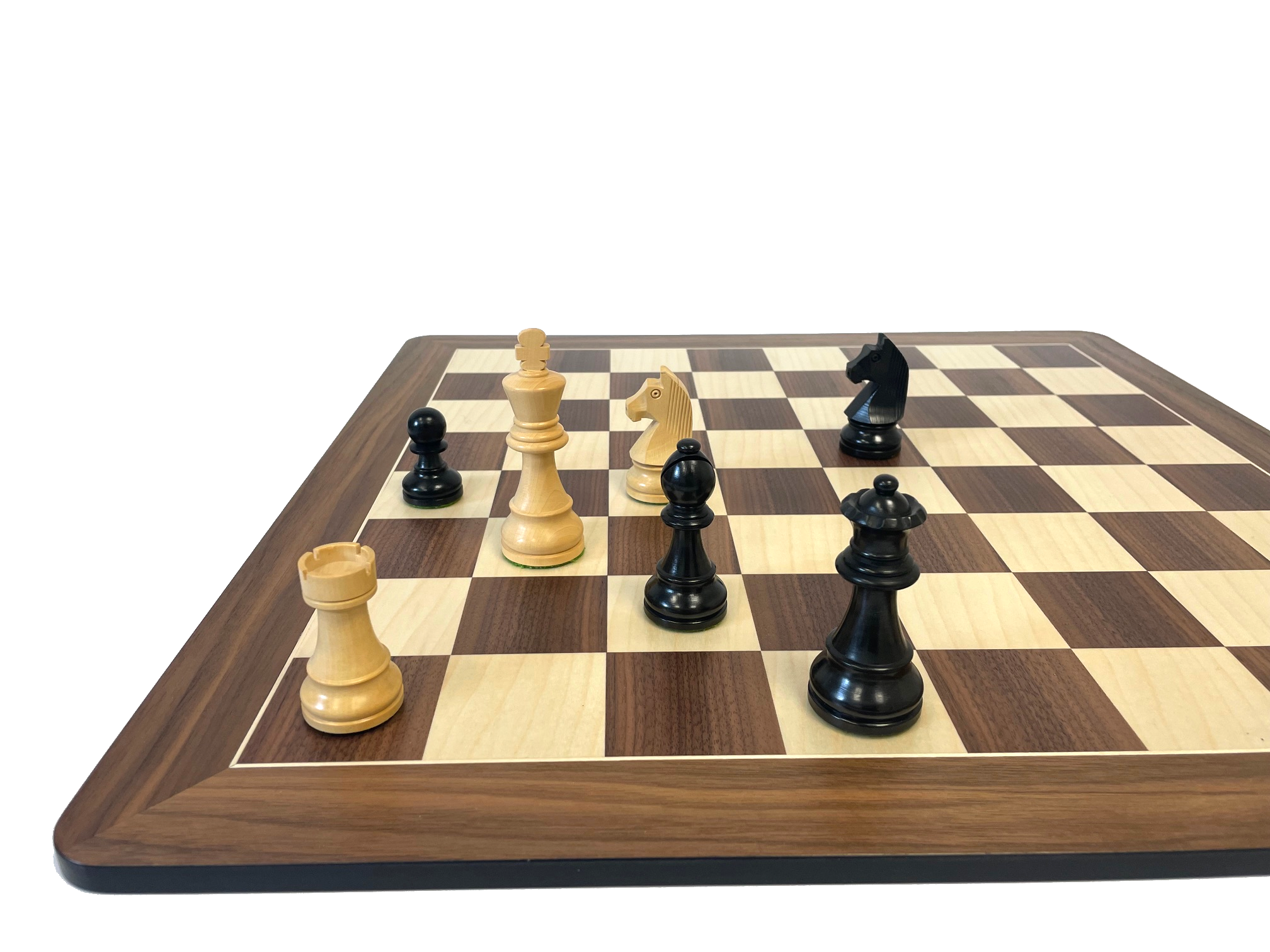 Schachfiguren in Schwarz/Buchsbaum, mit Schachbrett Schachbrett in Nussbaum/Ahorn