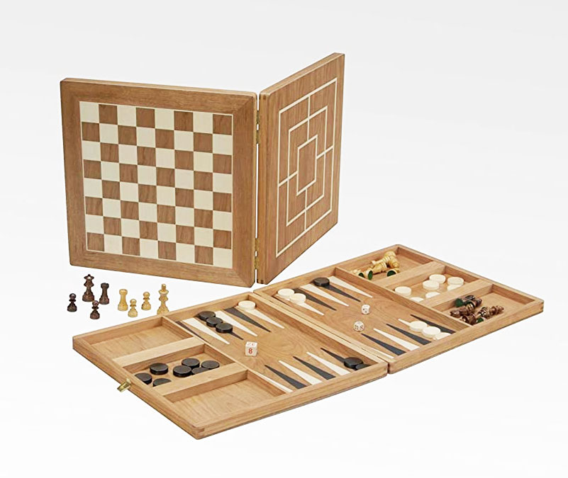 Spielesammlung Koffer in Kirsche, groß mit Schach, Dame, Mühle, Backgammon