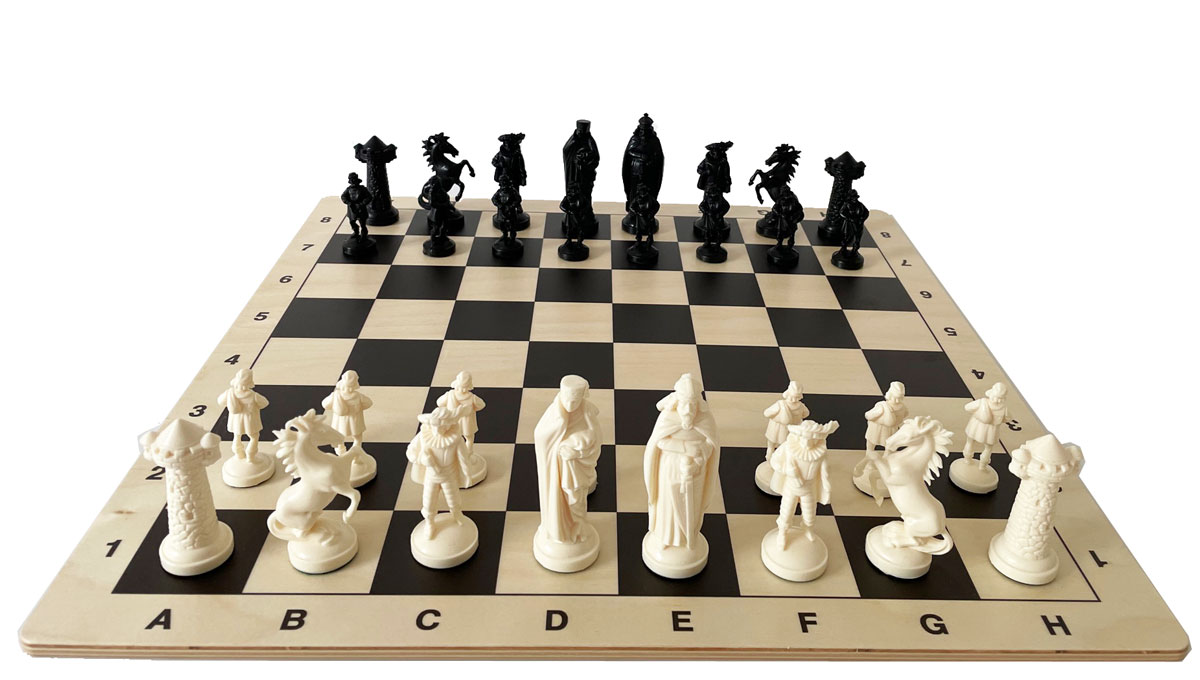 Schachset Mittelalter Ritter Schachfiguren Kunststoff und Schachbrett aus Holz
