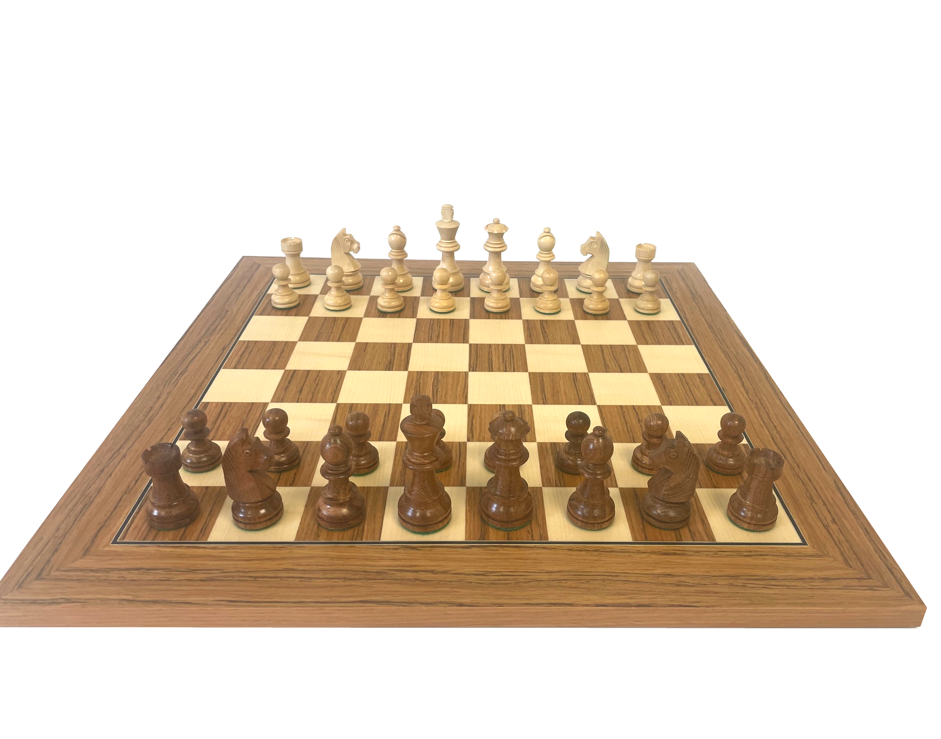 Schachset Akazie/Buchsbaum KH 85 mm beschwert, mit Schachbrett Teak und Ahorn Intarsie