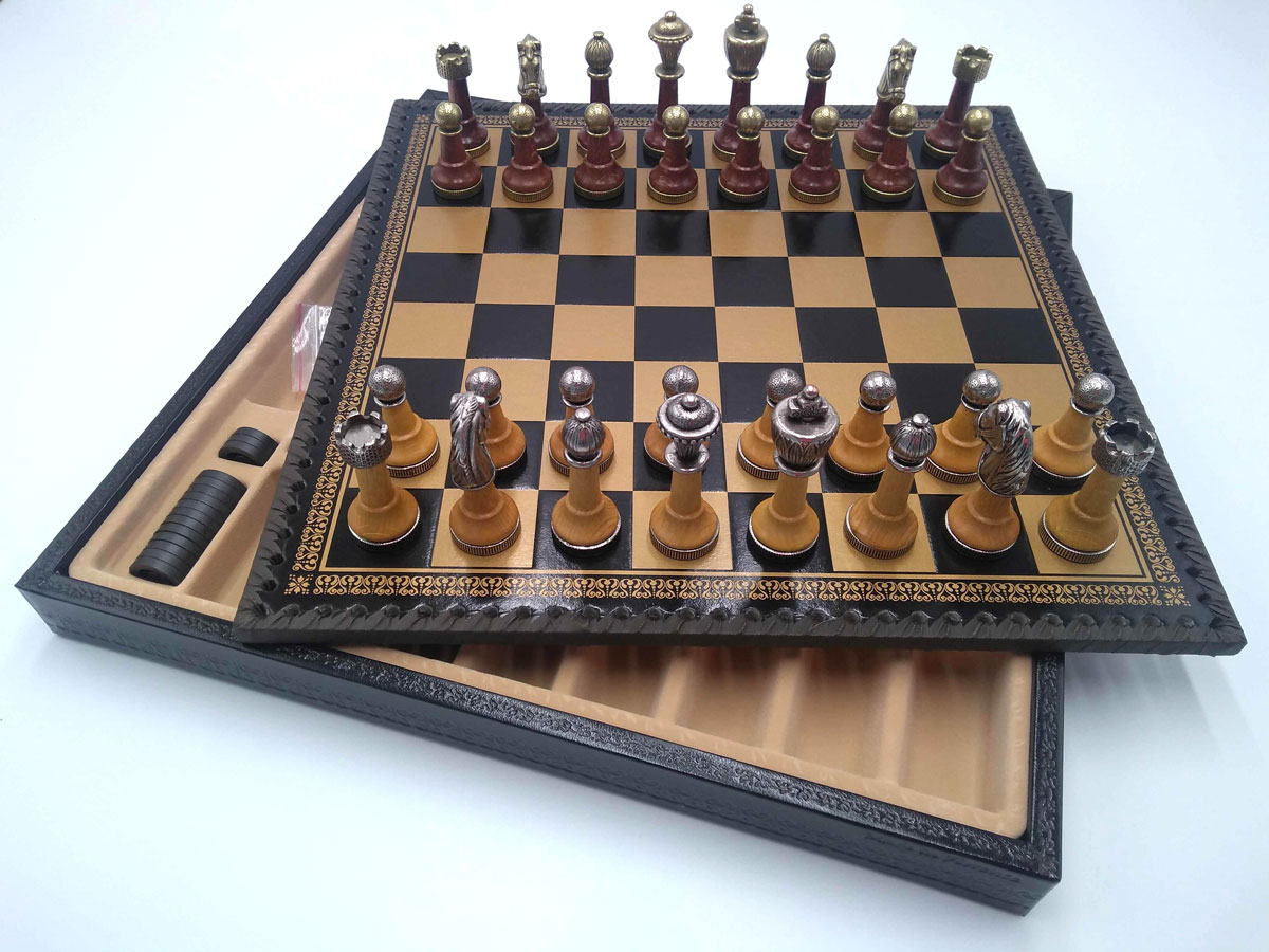 Schach-Set Holz und Metall Schachfiguren mit Schachkassette Salpaleder