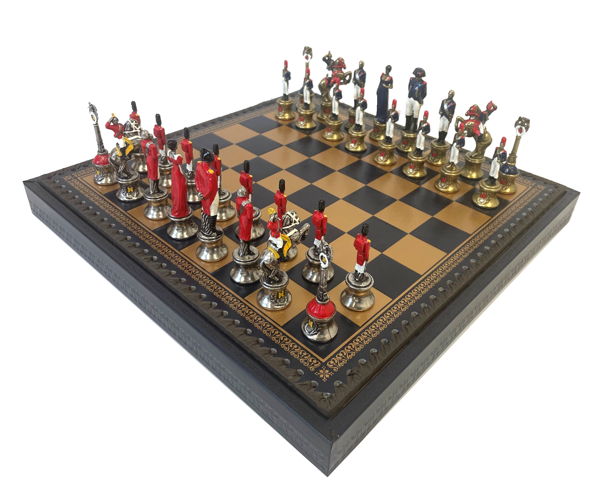 Schachfiguren Napoleon aus Zink-Druckguß, mit Schachkassette aus Salpaleder