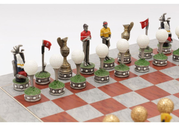 Schach-Set Golf aus Metall, handbemalt, mit Schachbrett 42x42 cm