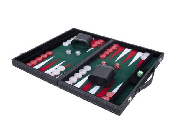 Backgammon Koffer Exklusiv grün/rot/weiß Turnierfarben, 38 x 24 cm