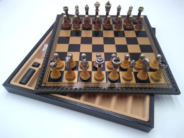 Schach-Set Holz und Metall Schachfiguren mit Schachkassette Salpaleder