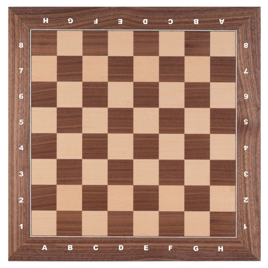 Hersteller-Abbildung des Produkts: Schachbrett Nußbaum und Ahorn, Intarsie, matt lackiert, Feldgröße 40 mm, mit Zahlen und Buchstaben